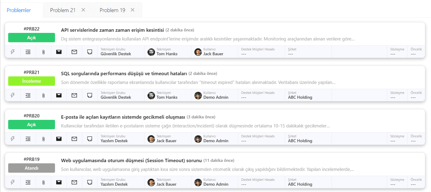 Problem yönetimi panosu — kök neden analizi ve olay ilişkileri